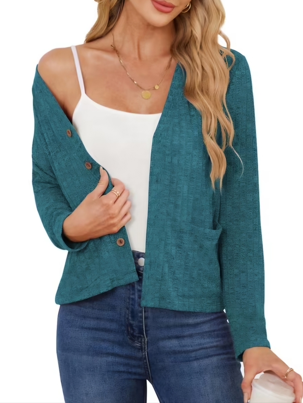 Women's Teal Ribbed Button-Front Cardigan with Pockets